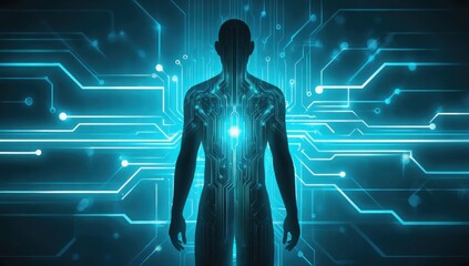 Poster - futuristic concept showing human silhouette merging with electronic circuitry background, symbolizin