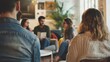 © pimmou - A diverse group of people engaging in a lively discussion, fostering collaboration and creativity in a cozy environment.