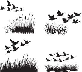 silhouette of a group of ducks flying over a land vector silhouette