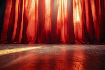 Poster - Bright sunlight filtering through red curtains in a theater showcasing exquisite texture and warm ambiance