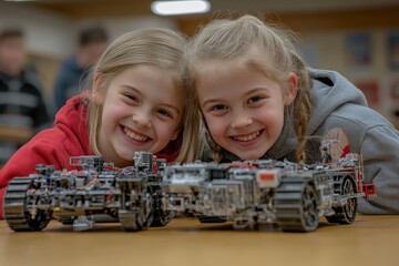 Aufkleber - Children showcase their robot creations at a robotics workshop in a classroom during the afternoon