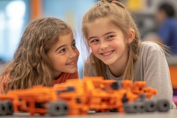 Poster - Two children enjoy building with orange construction toys in a creative play environment at a classroom