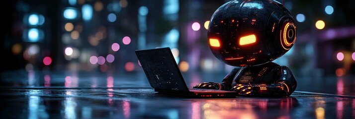 Poster - Cute and approachable stock robot using a laptop with a purple neon light, representing the chatbot and AI assistant concept in advanced technology, 3D illustration, banner