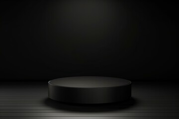 Poster - Black podium on black wooden stage illuminated by spotlight creating a dramatic atmosphere for product presentation