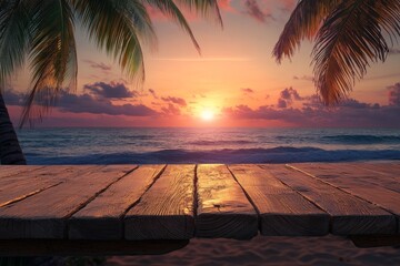Poster - Sunset view over the ocean with palm trees and a wooden table in the foreground creating a serene atmosphere