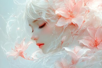Poster - Woman with flowing hair surrounded by delicate pink flowers in an ethereal atmosphere