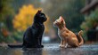 © Bundi - In the rain, a sad and lonely stray cat and a lost dog, both hungry and dirty, are left outdoors on the street. They desperately need help or a place at an adoption shelter or rescue