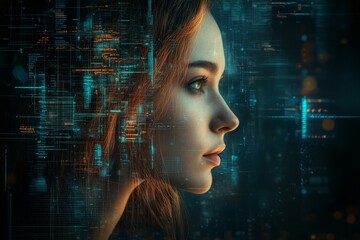 Poster - Woman's profile against a backdrop of digital patterns and glowing data elements in a futuristic setting