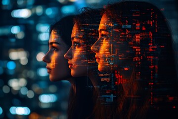Aufkleber - Three silhouetted profiles against a futuristic city skyline illuminated by digital overlays at night