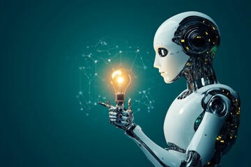 Poster - Robot holding a glowing light bulb while contemplating innovation in a futuristic digital space