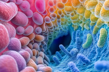 Poster - Colorful microscopic view of bacterial colonies in a vibrant environment shows diverse microbial life