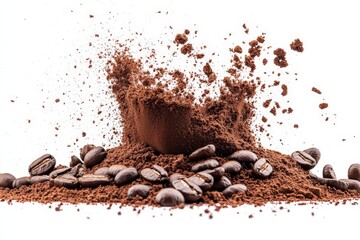 Poster - Ground coffee beans splashing from the surface in a dynamic display of texture and richness