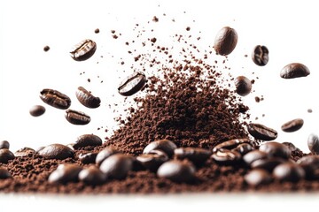 Aufkleber - Ground coffee and coffee beans creating an energetic burst in a coffee preparation setting
