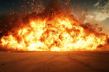 Aufkleber - Massive explosion generates fiery inferno in a barren landscape during daylight hours