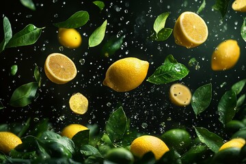 Poster - Fresh lemons and leaves floating in water create a vibrant and refreshing splash in natural light
