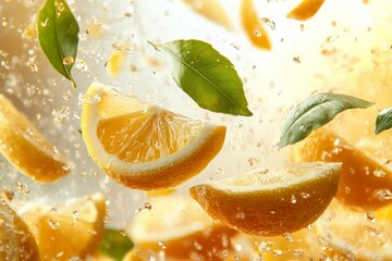 Poster - Fresh orange slices splash in sparkling water creating a vibrant and refreshing scene in bright daylight