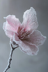 Poster - Closeup of a frost-covered pink flower with intricate petals, showcasing the delicate beauty of nature in winter and symbolizing resilience and serenity