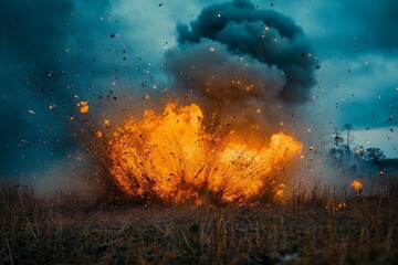 Poster - Explosions illuminate the sky during a controlled detonation in a rural area at dusk