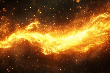 Wall Mural - Dynamic golden fire flowing through a dark background filled with shimmering particles and sparkles