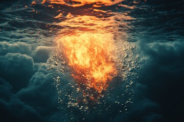 Aufkleber - Fire erupts from beneath the ocean surface during a dramatic underwater occurrence at sunset