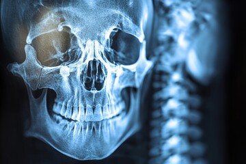 Poster - X-ray of a human skull and spine showcasing intricate bone structures in a medical examination