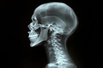 Aufkleber - Detailed x-ray image revealing the human skull and cervical spine profile against a dark background