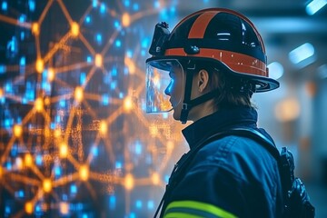 Aufkleber - Firefighter studying advanced technology at a training facility during the evening