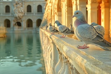 Poster - Pigeons perched along an ornate balcony overlooking tranquil water at sunset