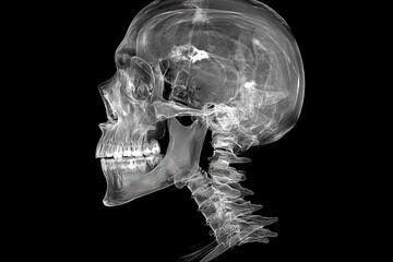 Poster - X-ray view of a human skull and spine highlighting anatomical structure and detail in a dark background