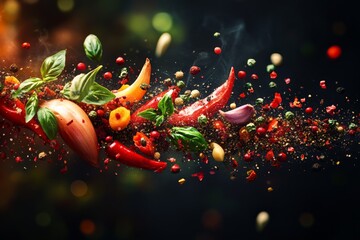 Poster - Colorful explosion of spices and vegetables showcasing culinary creativity in a vibrant kitchen setting