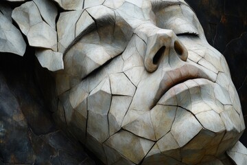 Poster - Artistic sculpture of a serene face with cracked stone texture in an outdoor exhibit during daytime