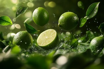 Aufkleber - Fresh limes splash through a vibrant green backdrop with leaves and water droplets