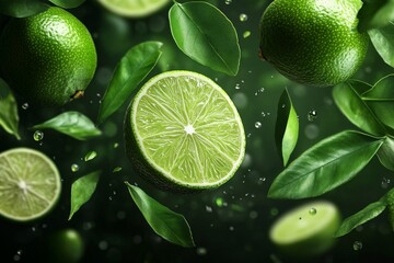 Fototapete - Fresh limes and green leaves floating in water create a vibrant, refreshing atmosphere for food preparation