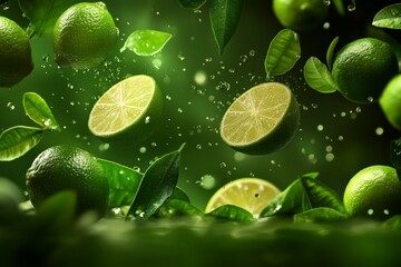 Fototapete - Fresh limes and green leaves splashing in a vibrant display of nature’s bounty