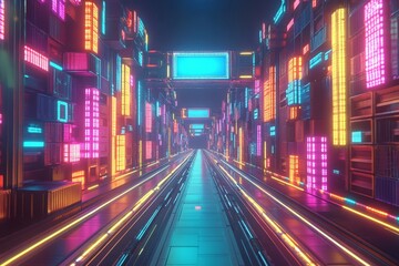 Aufkleber - Vibrant corridor of neon lights and digital structures in a futuristic setting