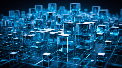 Poster - a series of floating, three-dimensional transparent glass cubes arranged in a dynamic layout, each c