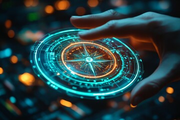 Poster - High-tech holographic compass display illuminated in a dark environment with a hand reaching towards it