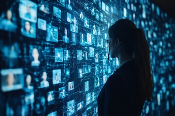 Poster - Woman analyzes digital data displayed on a high-tech screen in a modern office setting during the daytime