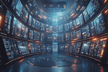 Aufkleber - Modern technology hub featuring a circular data center with illuminated screens and futuristic design elements