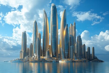 Poster - Futuristic city skyline with towering structures and calm water under sunny skies