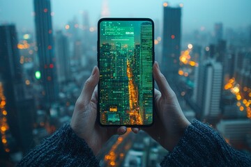 Poster - 3. illustration of a stock market ai chatbot with hands holding a mobile phone, set against a blurre