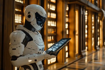 Poster - Advanced humanoid robot interacts with a touchscreen device in a modern library setting