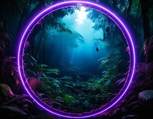 Wall Mural - Ethereal Purple Neon Circle with Misty Jungle Plants