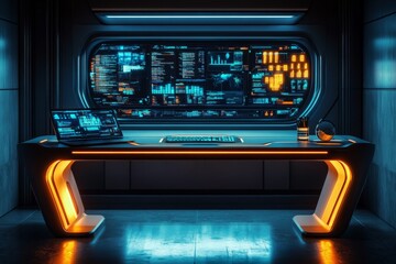 Aufkleber - Futuristic workspace with a sleek desk, multiple screens, and vibrant lighting in a high-tech environment