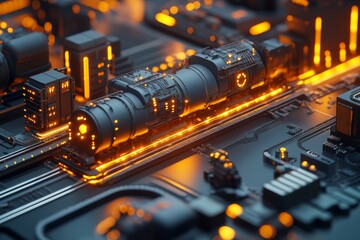 Poster - A futuristic cityscape featuring a glowing train traversing an intricate network of tracks at night