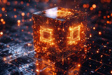 Poster - Digital cube with glowing patterns and sparks amid a futuristic grid environment