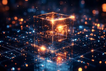 Fototapete - Digital cube glowing in a futuristic landscape filled with luminous particles and intricate patterns at night