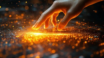 Poster - A hand interacts with glowing particles on a digital interface in a futuristic environment