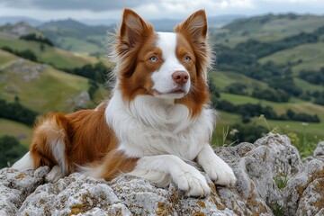 In Georgia, a trip includes a mountain landscape with a pet dog, specifically a Nova Scotia Retriever. The dog is a prominent feature in the beautiful nature landscape. A Nova Scotia Retriever dog is