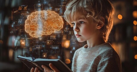 Poster - a boy writes down notes while a digital ai brain hologram displays icons and data